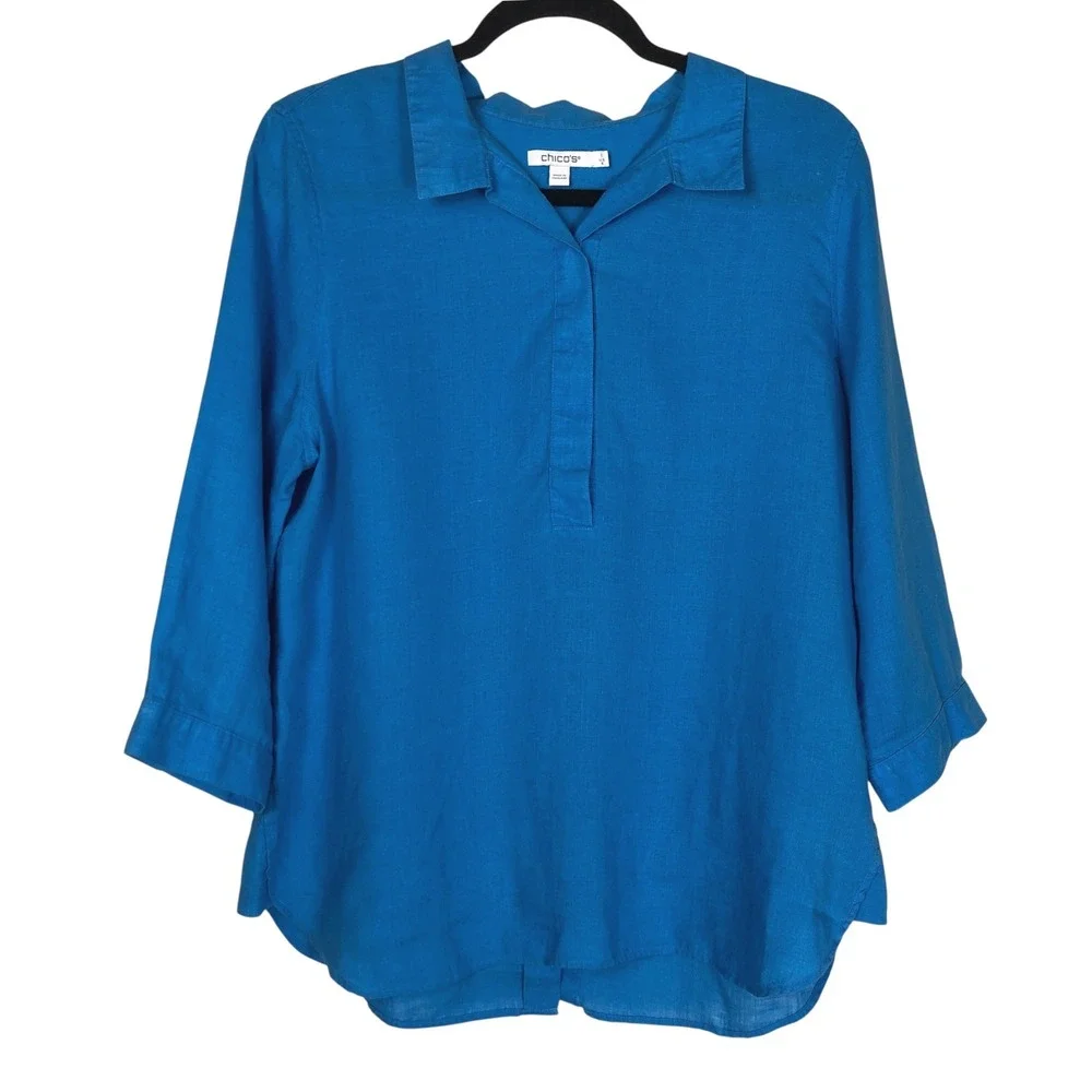 Chico's Womens 100% Linen Button Back‎ Popover Top Size 8 Blue Vacation Resort